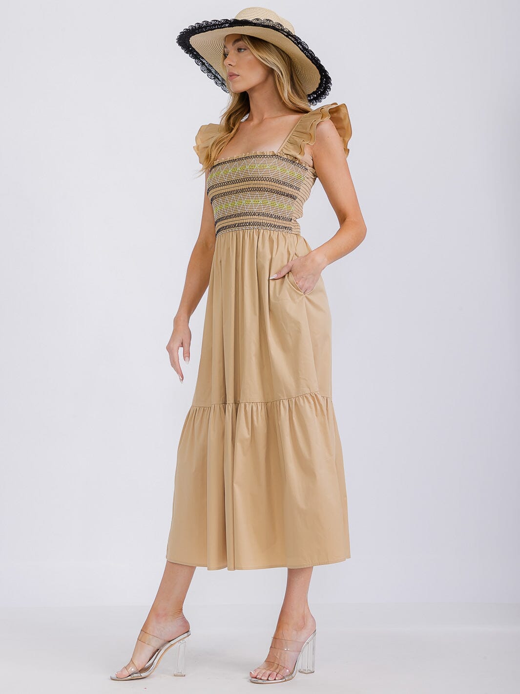 WOMEN'S SLEEVELESS SQUARE NECK SMOCK FRONT POCKETS TIERED MAXI DRESS