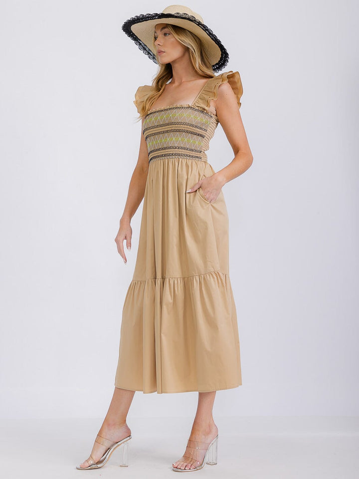 WOMEN'S SLEEVELESS SQUARE NECK SMOCK FRONT POCKETS TIERED MAXI DRESS