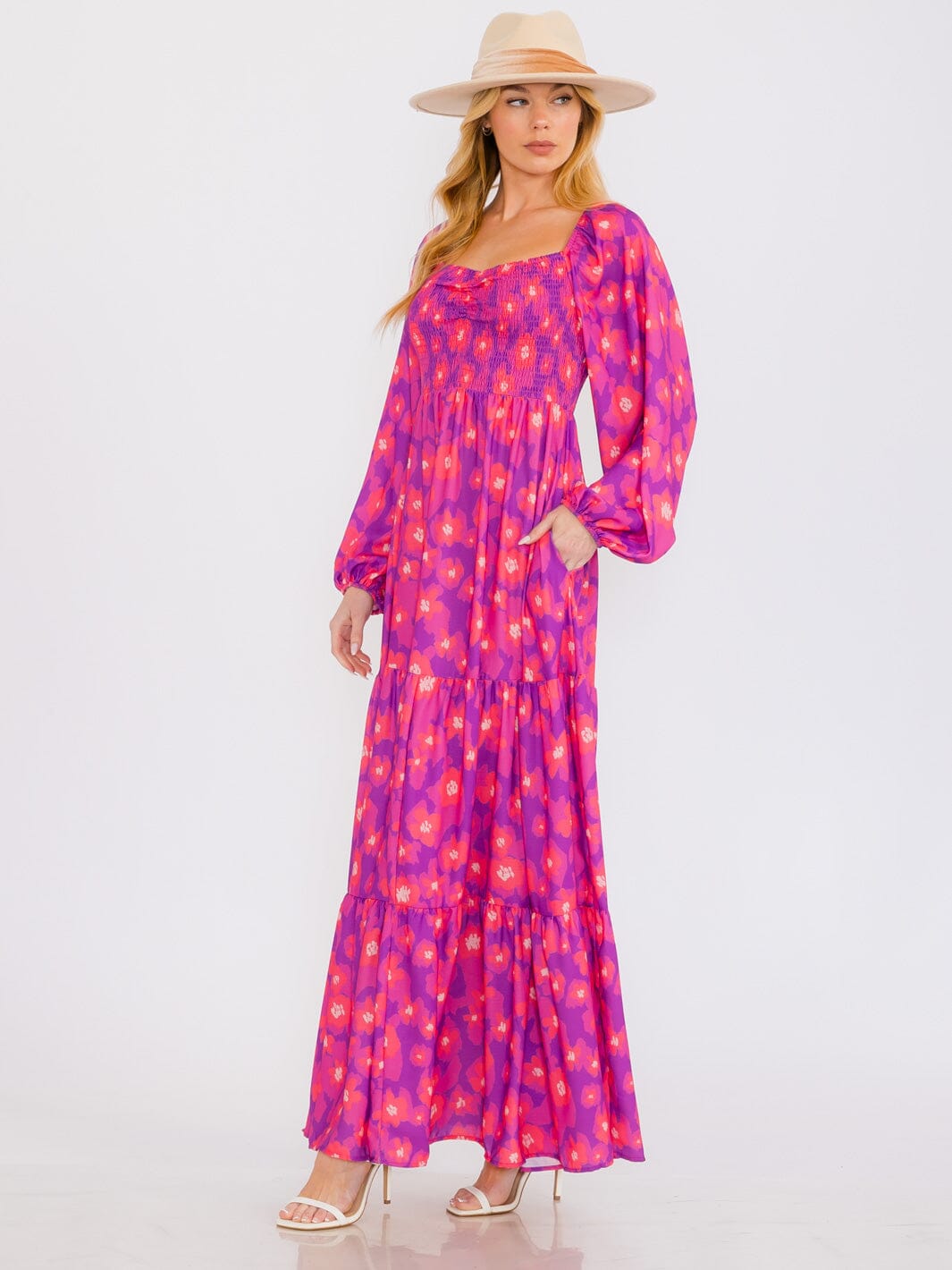 WOMEN'S LONG SLEEVES SMOCK TIERED POCKETS FLORAL MAXI DRESS