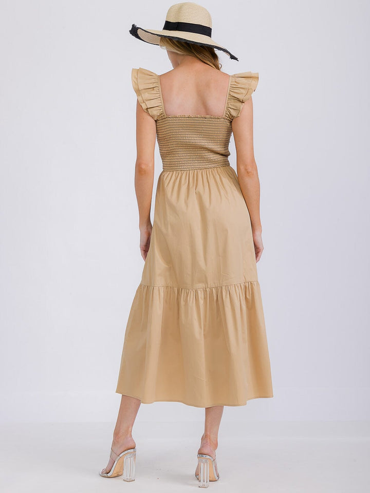 WOMEN'S SLEEVELESS SQUARE NECK SMOCK FRONT POCKETS TIERED MAXI DRESS