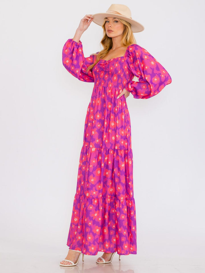 WOMEN'S LONG SLEEVES SMOCK TIERED POCKETS FLORAL MAXI DRESS