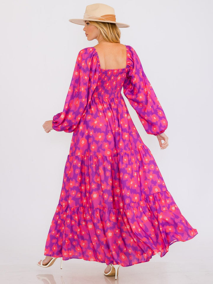 WOMEN'S LONG SLEEVES SMOCK TIERED POCKETS FLORAL MAXI DRESS