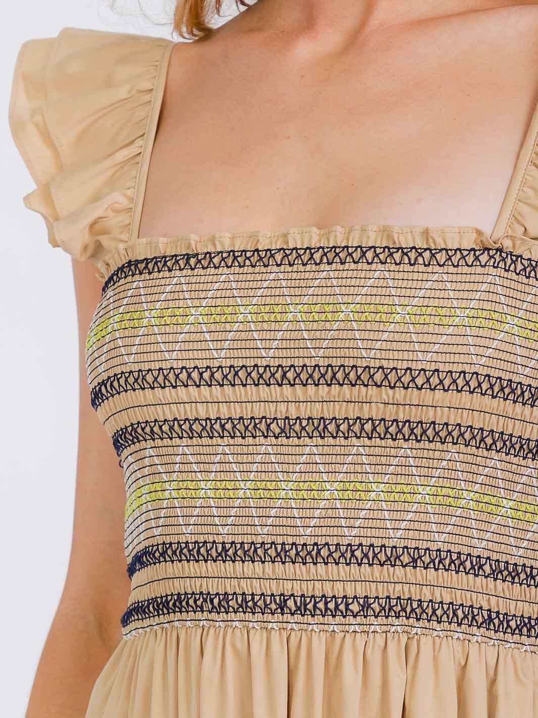 WOMEN'S SLEEVELESS SQUARE NECK SMOCK FRONT POCKETS TIERED MAXI DRESS