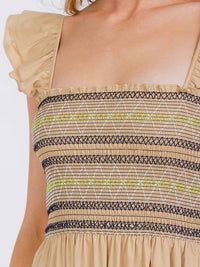 WOMEN'S SLEEVELESS SQUARE NECK SMOCK FRONT POCKETS TIERED MAXI DRESS