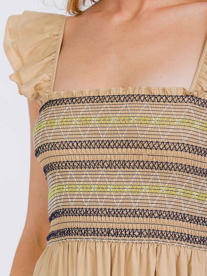 WOMEN'S SLEEVELESS SQUARE NECK SMOCK FRONT POCKETS TIERED MAXI DRESS