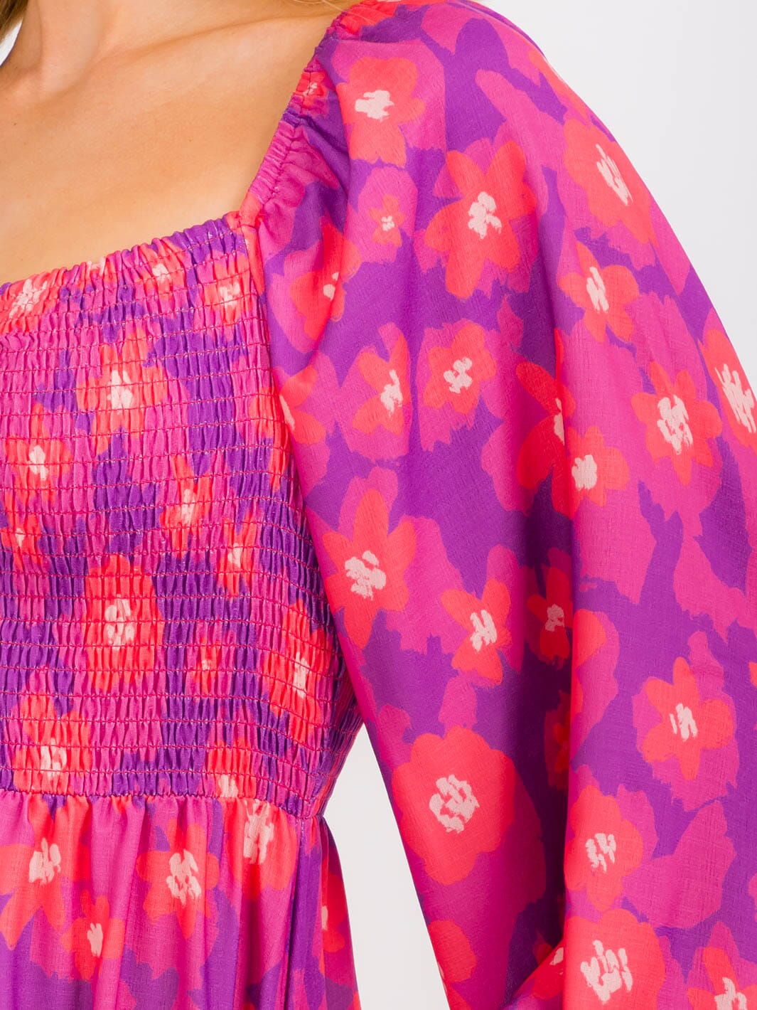 WOMEN'S LONG SLEEVES SMOCK TIERED POCKETS FLORAL MAXI DRESS