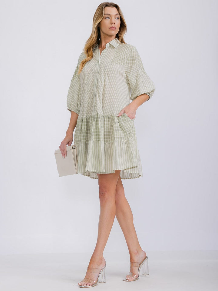 WOMEN'S 3/4 SLEEVE BUTTON UP FRONT POCKETS TIERED STRIPES MINI DRESS