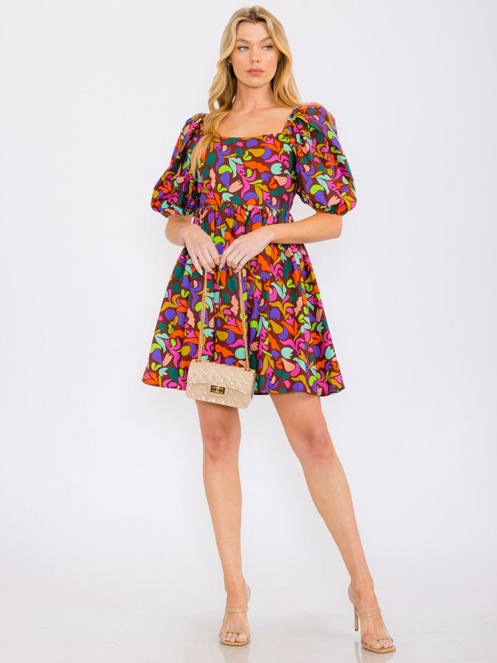 WOMEN'S SHORT SLEEVES SQUARE NECK MULTI PRINT TUNIC MINI DRESS
