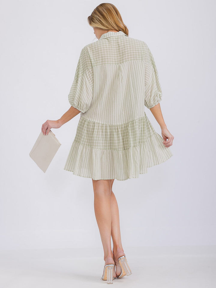 WOMEN'S 3/4 SLEEVE BUTTON UP FRONT POCKETS TIERED STRIPES MINI DRESS