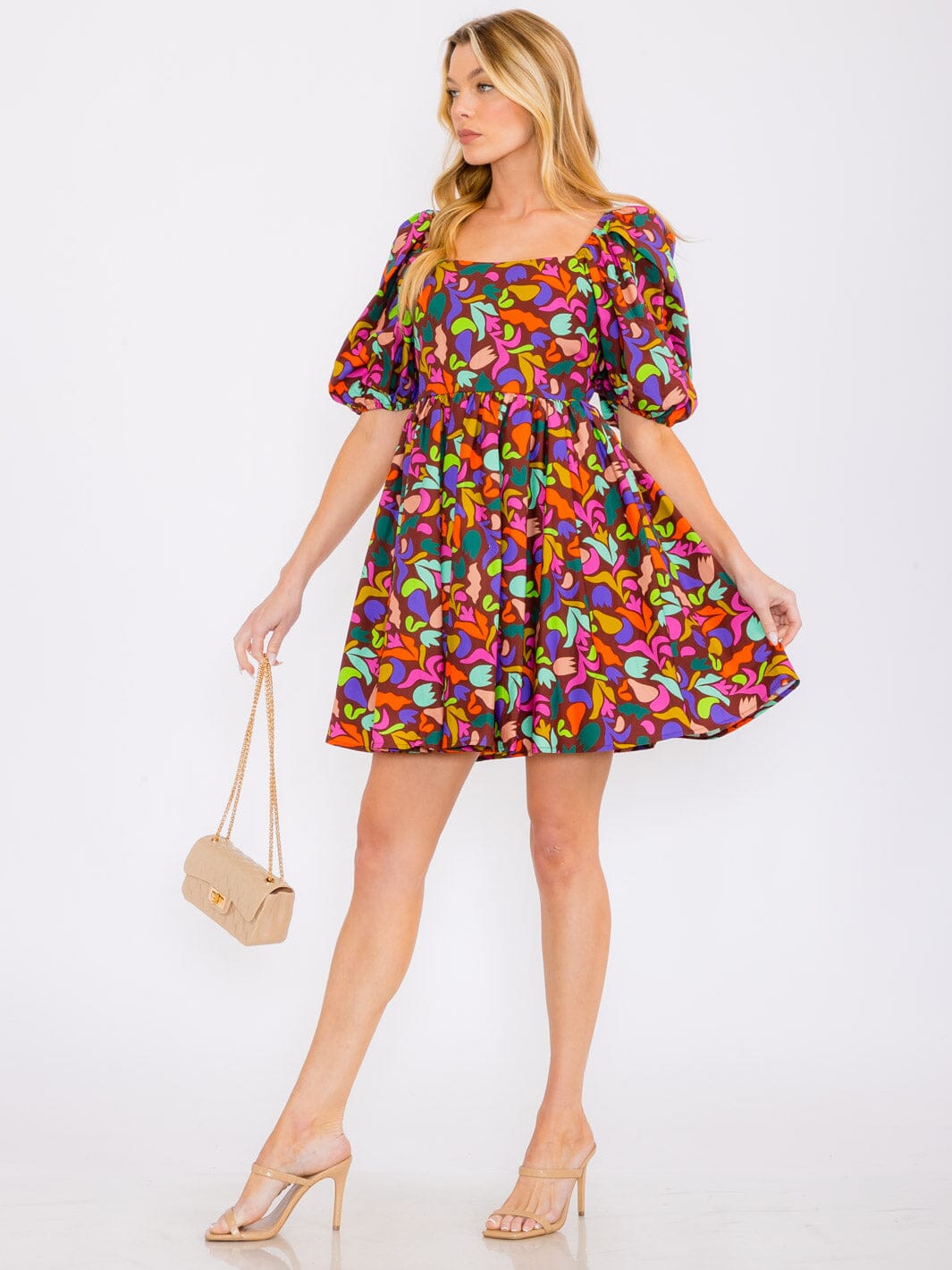 WOMEN'S SHORT SLEEVES SQUARE NECK MULTI PRINT TUNIC MINI DRESS