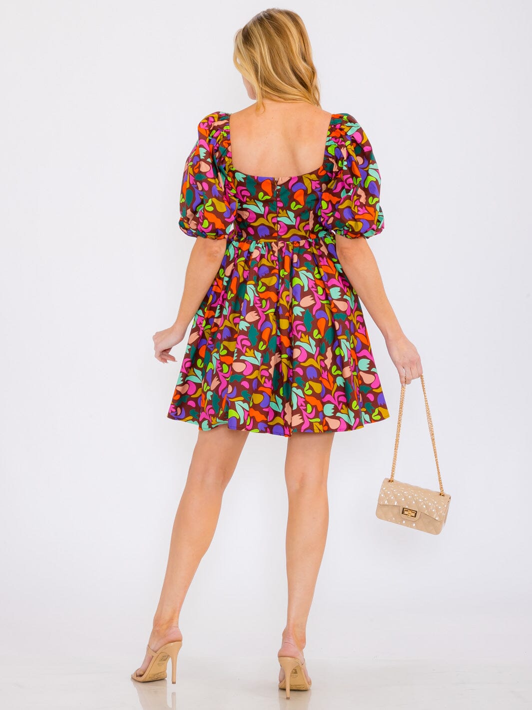 WOMEN'S SHORT SLEEVES SQUARE NECK MULTI PRINT TUNIC MINI DRESS
