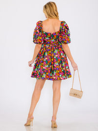WOMEN'S SHORT SLEEVES SQUARE NECK MULTI PRINT TUNIC MINI DRESS