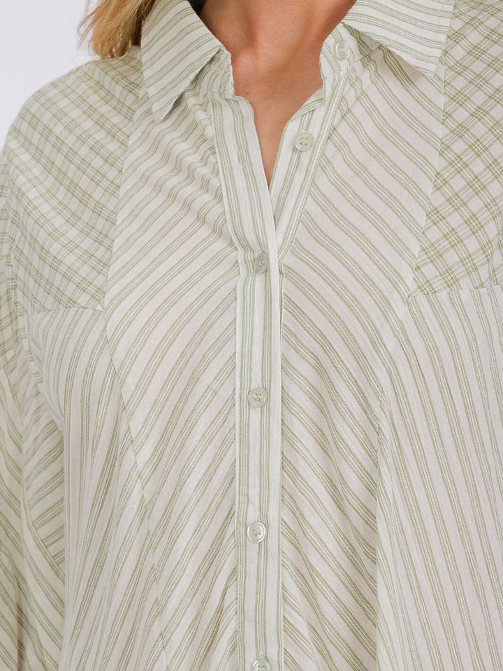 WOMEN'S 3/4 SLEEVE BUTTON UP FRONT POCKETS TIERED STRIPES MINI DRESS