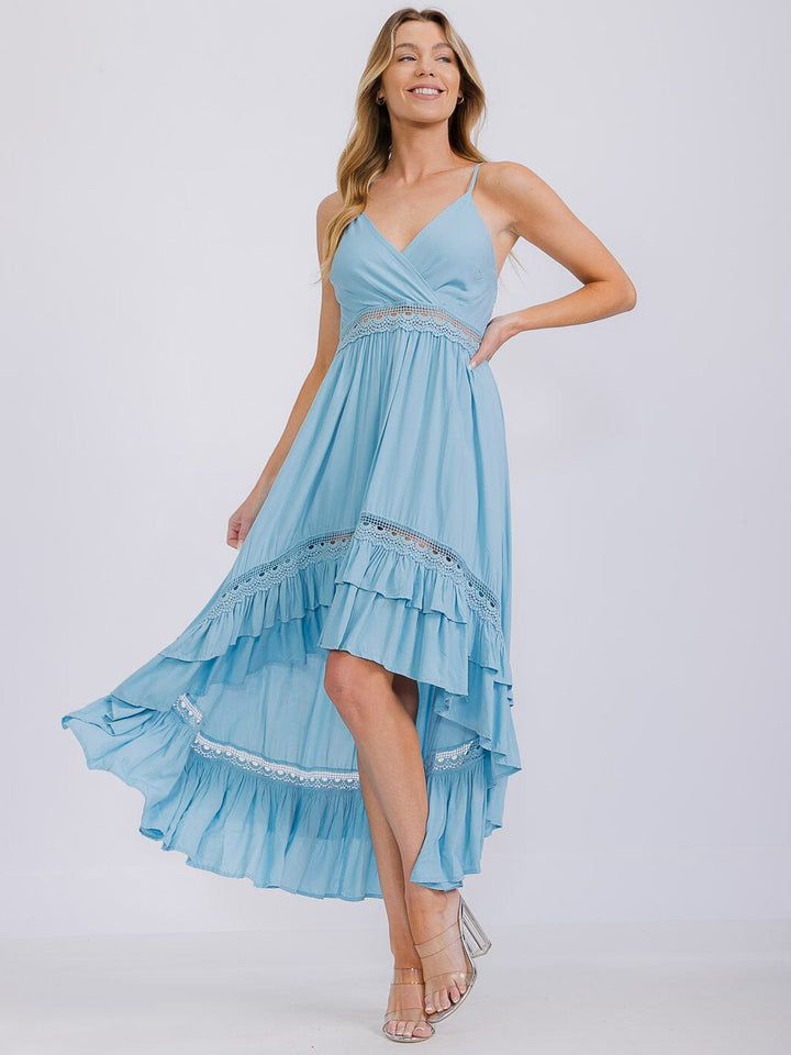 WOMEN'S SLEEVELESS V-NECK HIGH-LOW RUFFLE TRIM MAXI DRESS