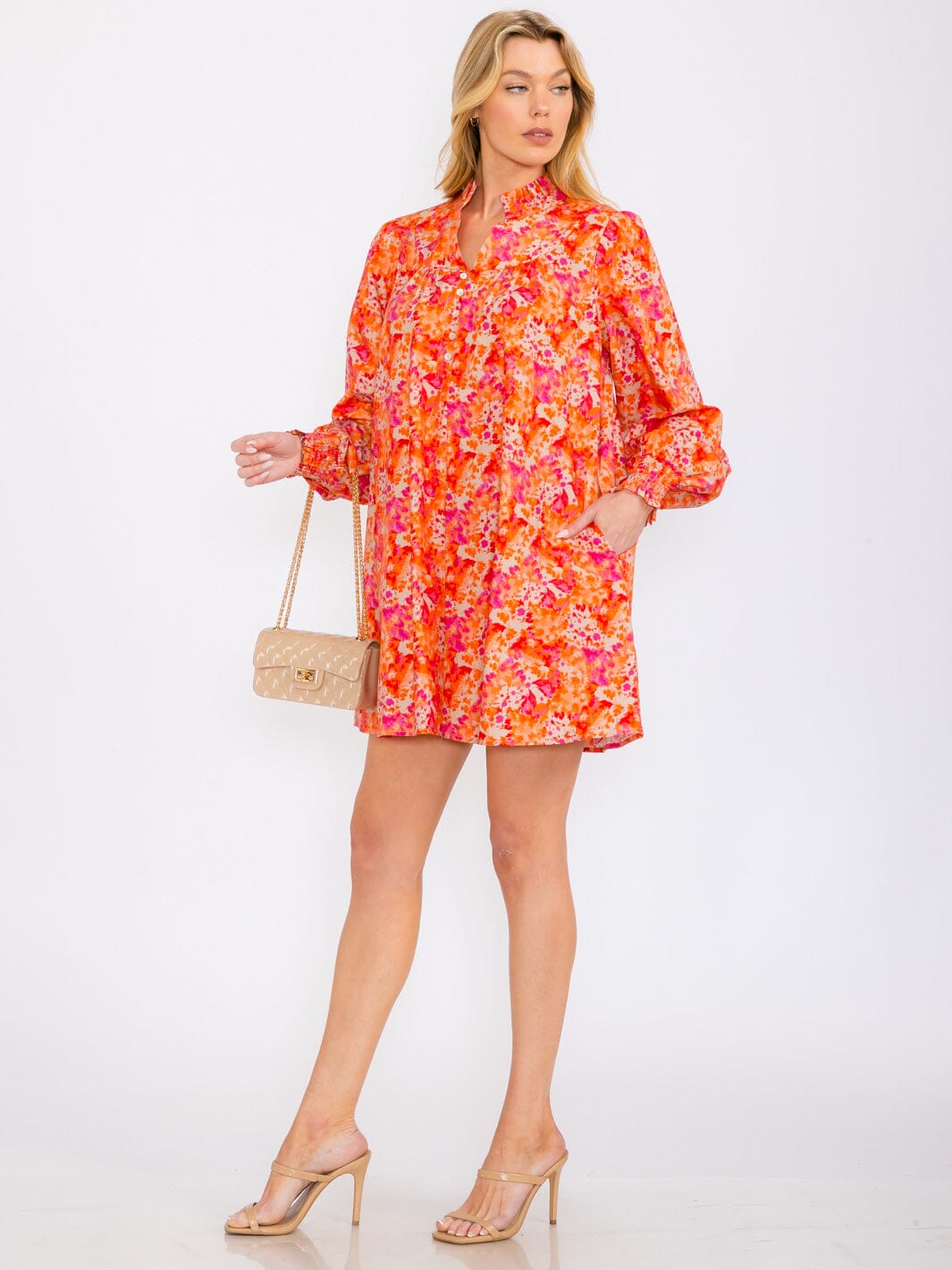 WOMEN'S LONG SLEEVES BUTTON UP POCKETS FLORAL MINI DRESS