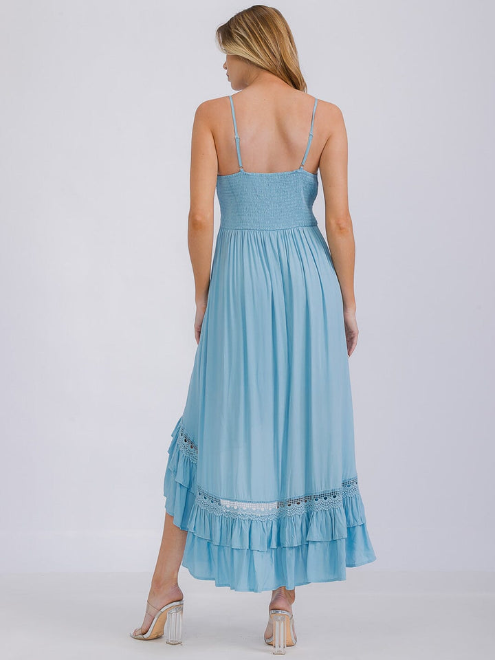 WOMEN'S SLEEVELESS V-NECK HIGH-LOW RUFFLE TRIM MAXI DRESS