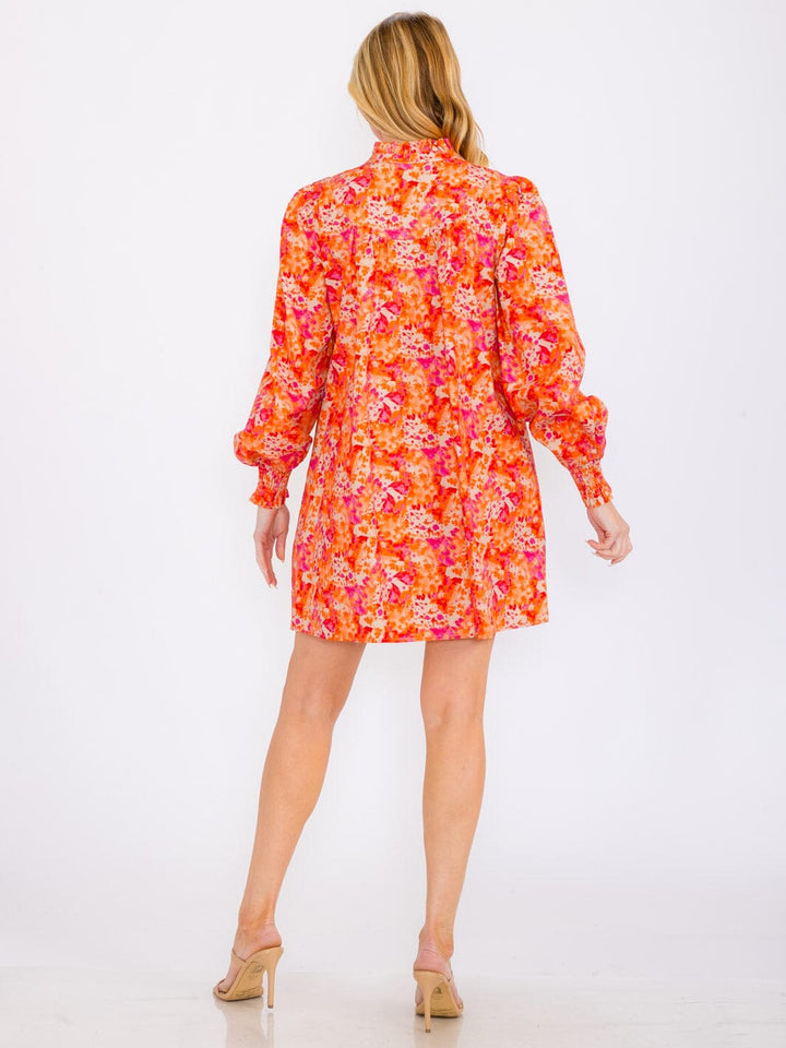 WOMEN'S LONG SLEEVES BUTTON UP POCKETS FLORAL MINI DRESS