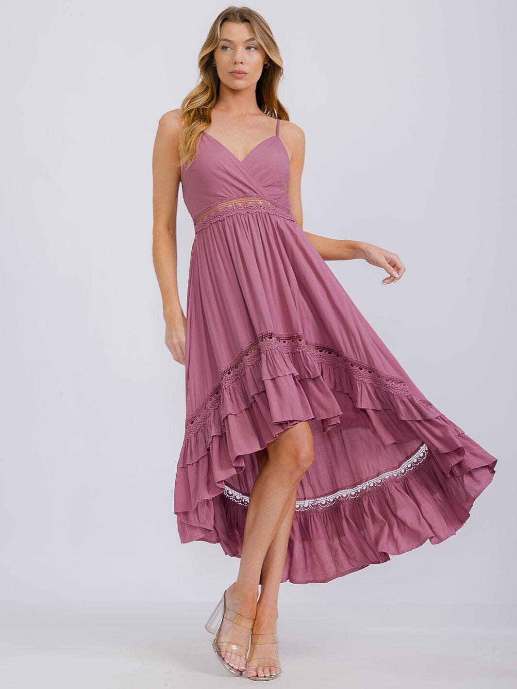 WOMEN'S SLEEVELESS V-NECK HIGH-LOW RUFFLE TRIM MAXI DRESS