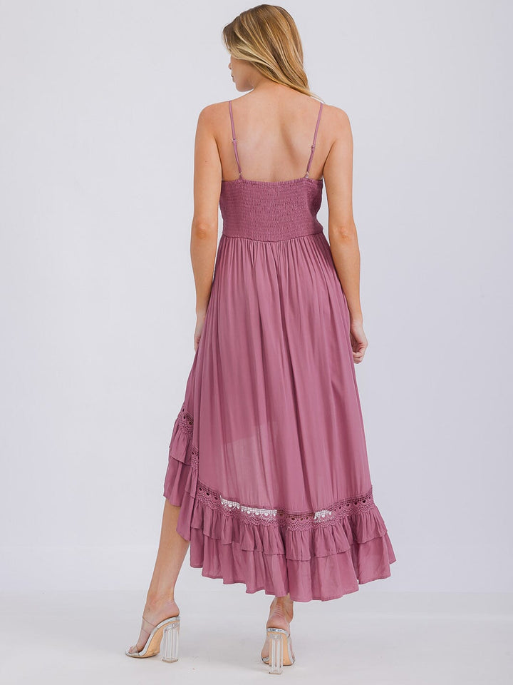 WOMEN'S SLEEVELESS V-NECK HIGH-LOW RUFFLE TRIM MAXI DRESS