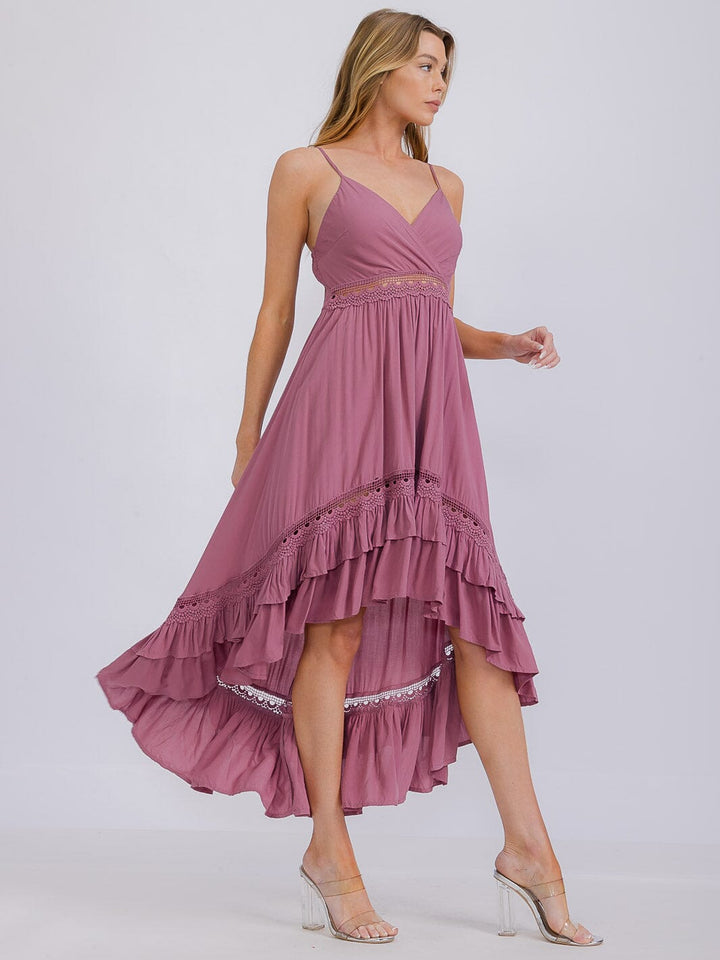 WOMEN'S SLEEVELESS V-NECK HIGH-LOW RUFFLE TRIM MAXI DRESS