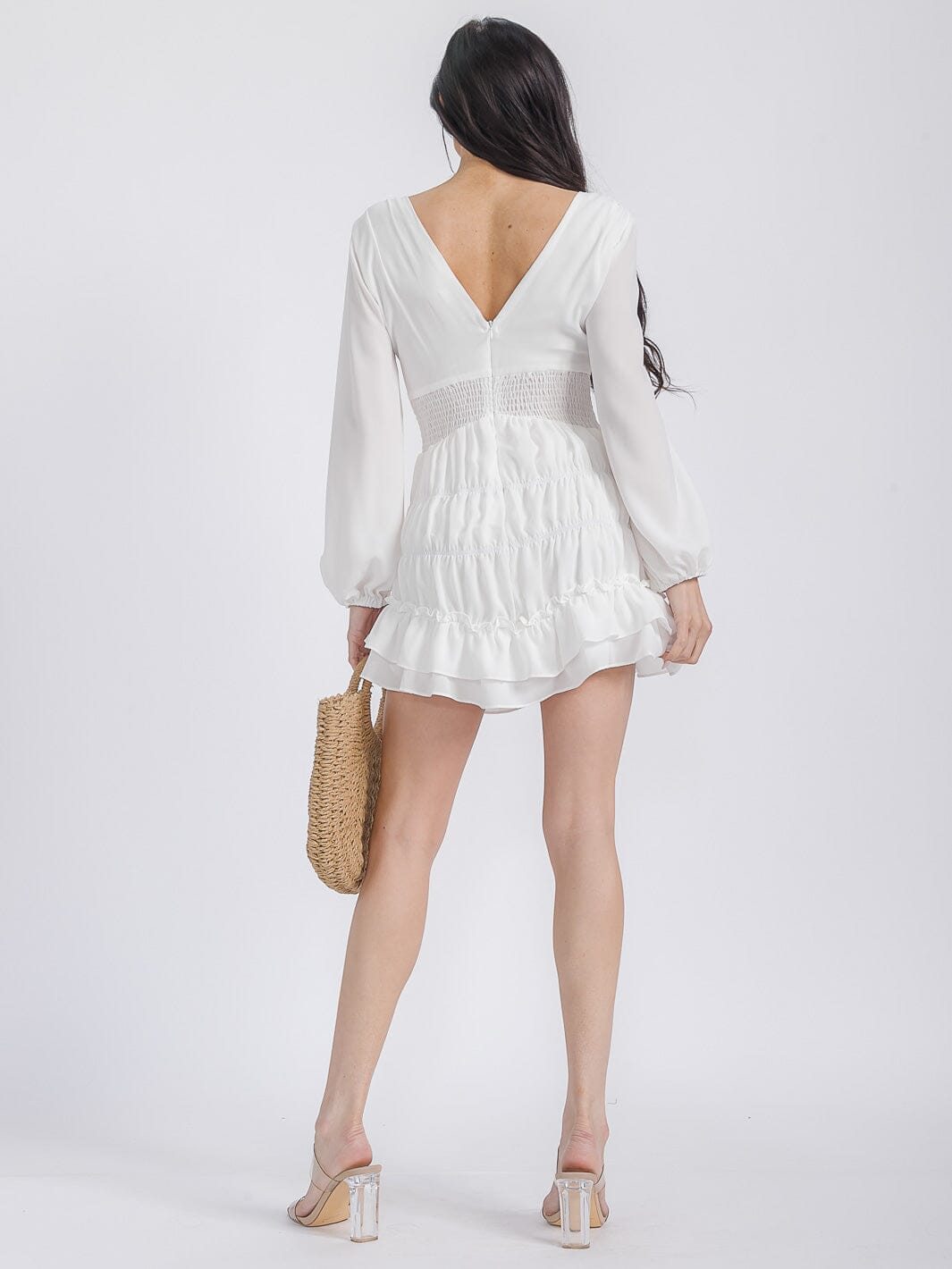 WOMEN'S LONG SLEEVES V-NECK SMOCK WAIST TIERED RUFFLE MINI DRESS