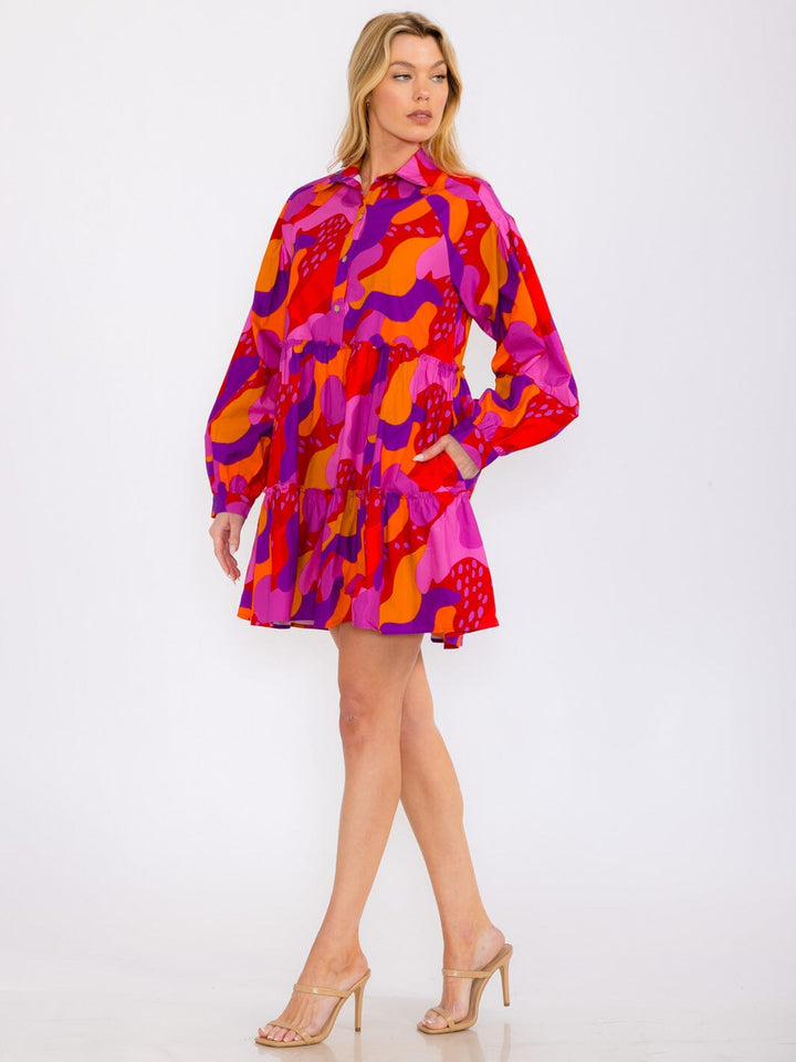 WOMEN'S LONG SLEEVES TIERED BUTTON UP POCKETS MULTI PRINT MINI DRESS