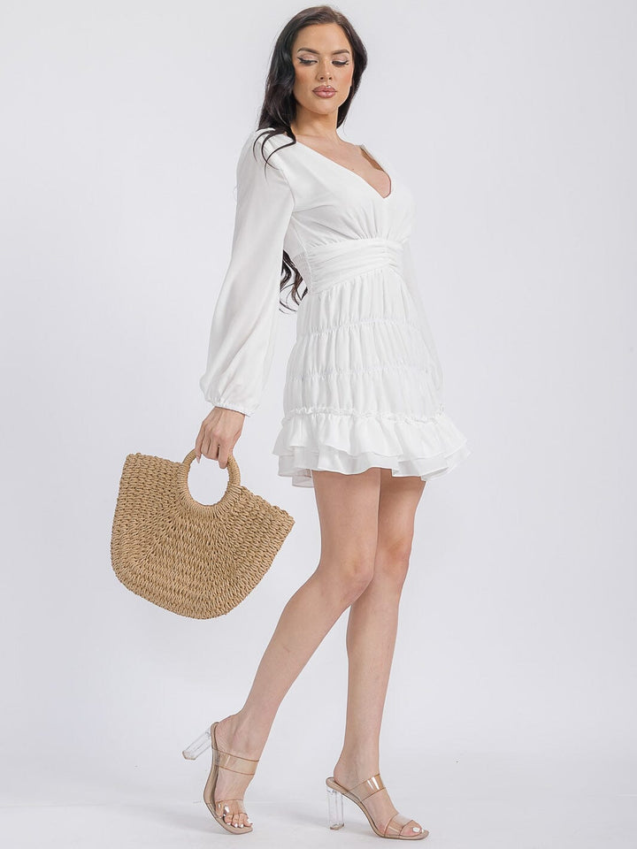 WOMEN'S LONG SLEEVES V-NECK SMOCK WAIST TIERED RUFFLE MINI DRESS