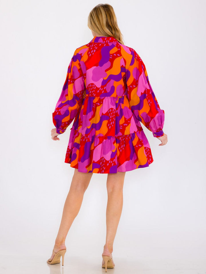 WOMEN'S LONG SLEEVES TIERED BUTTON UP POCKETS MULTI PRINT MINI DRESS