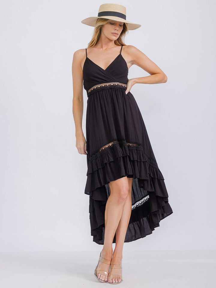 WOMEN'S SLEEVELESS V-NECK HIGH-LOW RUFFLE TRIM MAXI DRESS