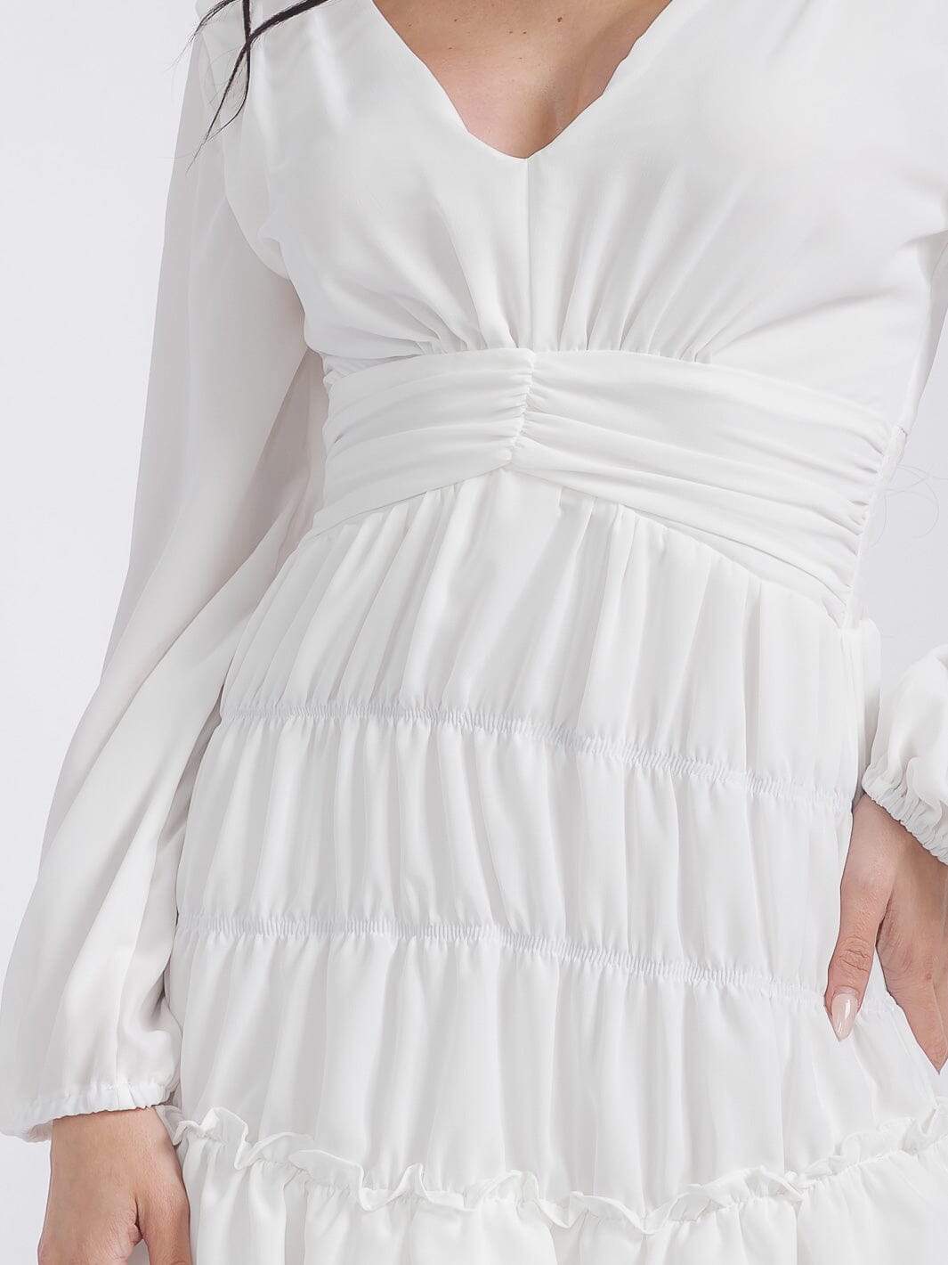WOMEN'S LONG SLEEVES V-NECK SMOCK WAIST TIERED RUFFLE MINI DRESS