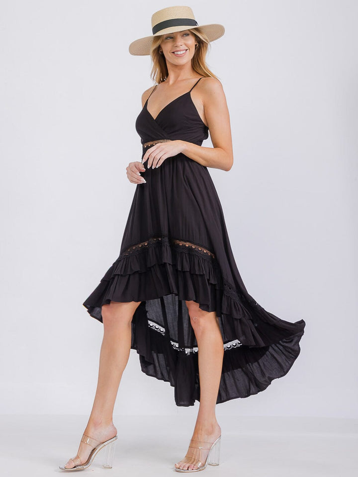 WOMEN'S SLEEVELESS V-NECK HIGH-LOW RUFFLE TRIM MAXI DRESS