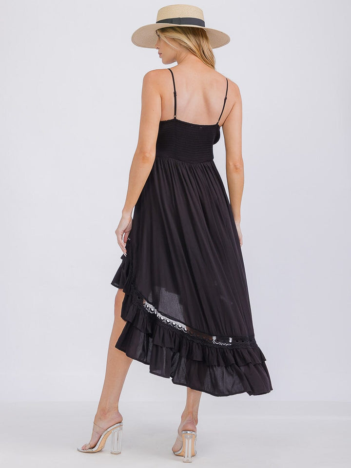 WOMEN'S SLEEVELESS V-NECK HIGH-LOW RUFFLE TRIM MAXI DRESS