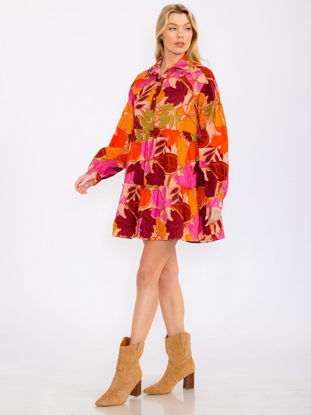 WOMEN'S LONG SLEEVES TIERED BUTTON UP POCKETS FLORAL MINI DRESS