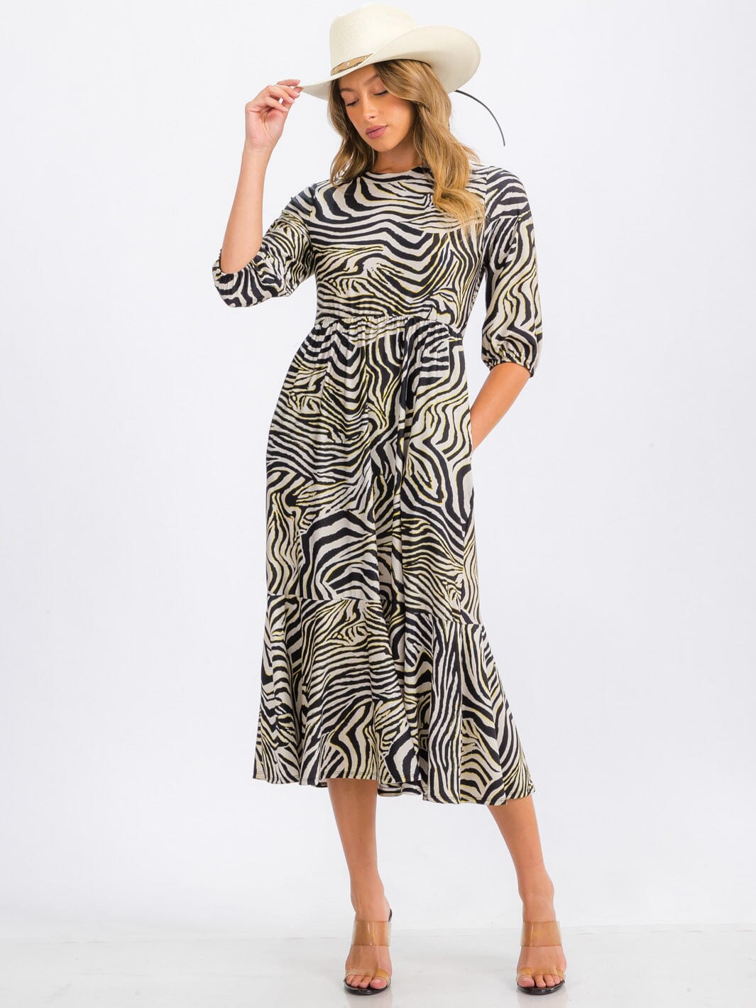 WOMEN'S 3/4 SLEEVE ELASTIC WAIST FRONT POCKETS ZEBRA PRINT MIDI DRESS