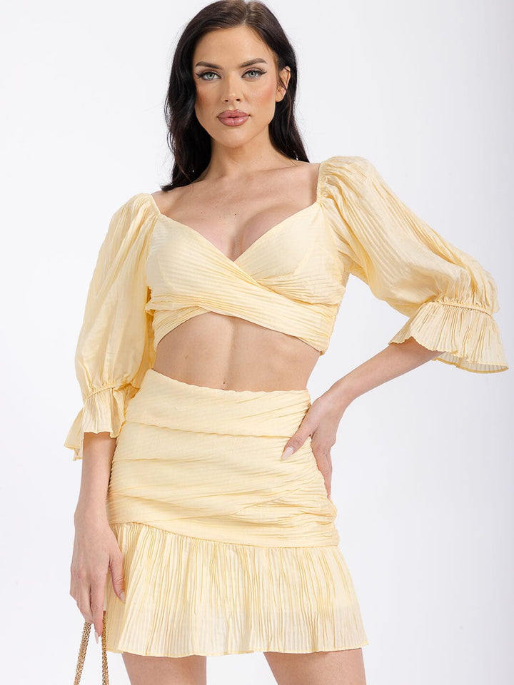 WOMEN'S 3/4 SLEEVES CROP TOP & ZIPPER CLOSURE MINI SKIRT DETAILED 2PC. SET