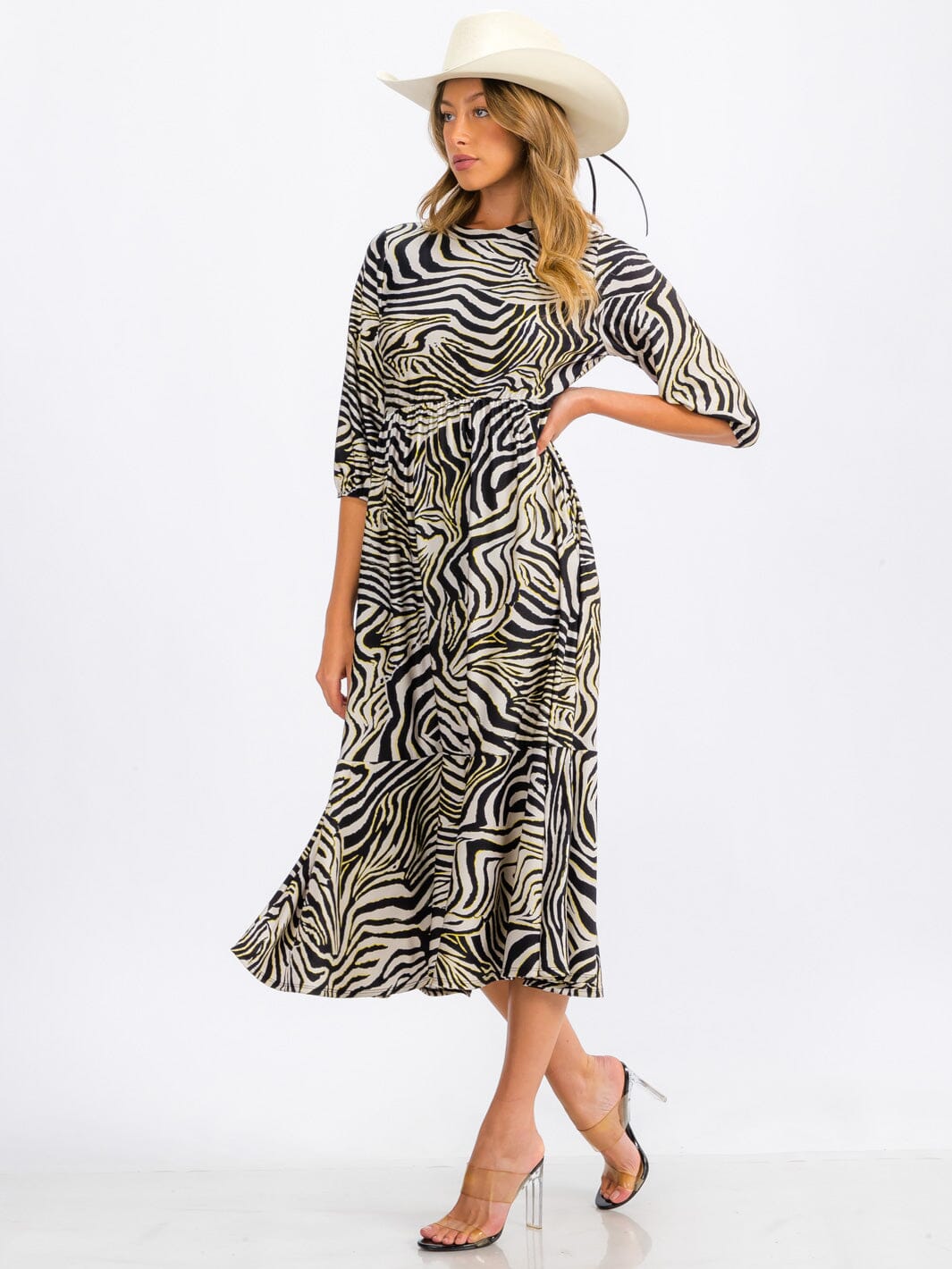 WOMEN'S 3/4 SLEEVE ELASTIC WAIST FRONT POCKETS ZEBRA PRINT MIDI DRESS
