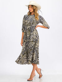 WOMEN'S 3/4 SLEEVE ELASTIC WAIST FRONT POCKETS ZEBRA PRINT MIDI DRESS