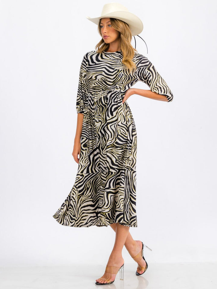 WOMEN'S 3/4 SLEEVE ELASTIC WAIST FRONT POCKETS ZEBRA PRINT MIDI DRESS