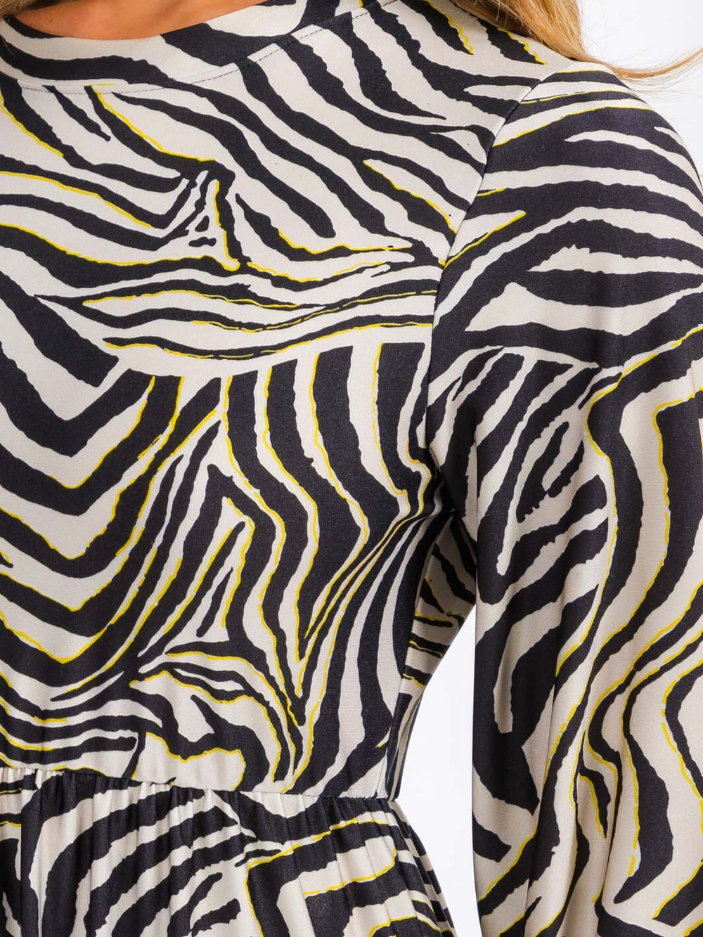 WOMEN'S 3/4 SLEEVE ELASTIC WAIST FRONT POCKETS ZEBRA PRINT MIDI DRESS