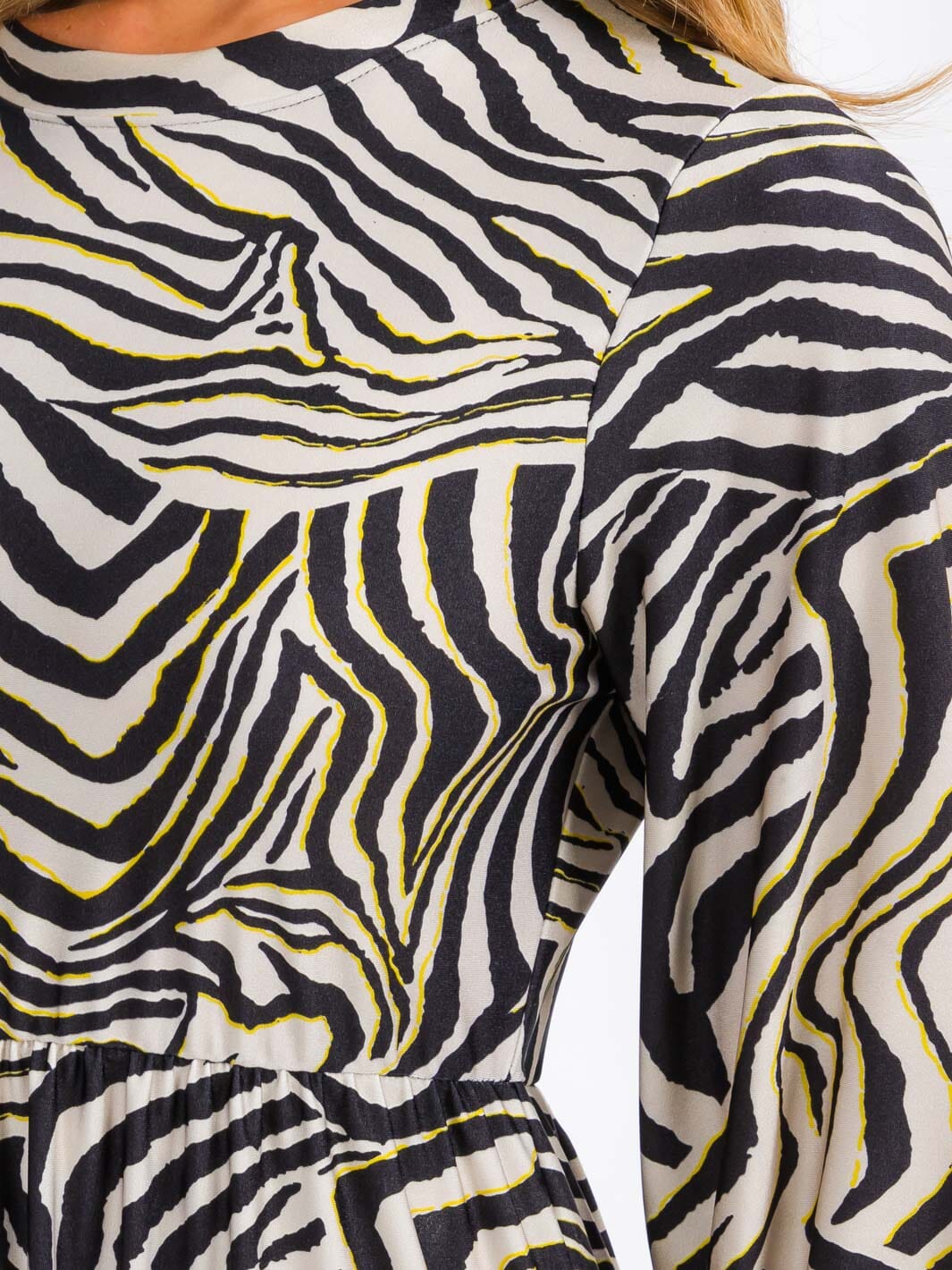 WOMEN'S 3/4 SLEEVE ELASTIC WAIST FRONT POCKETS ZEBRA PRINT MIDI DRESS