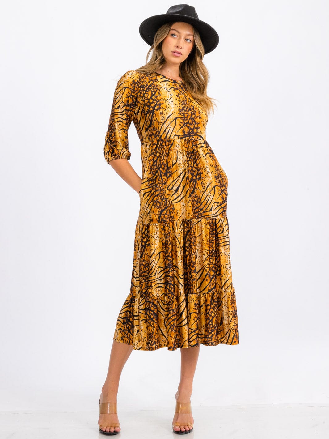 WOMEN'S 3/4 SLEEVE FRONT POCKETS MULTI PRINT TIERED MIDI DRESS