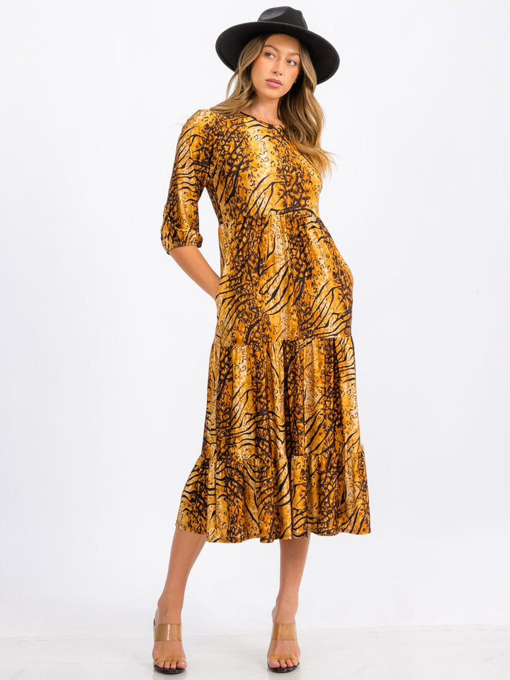WOMEN'S 3/4 SLEEVE FRONT POCKETS MULTI PRINT TIERED MIDI DRESS