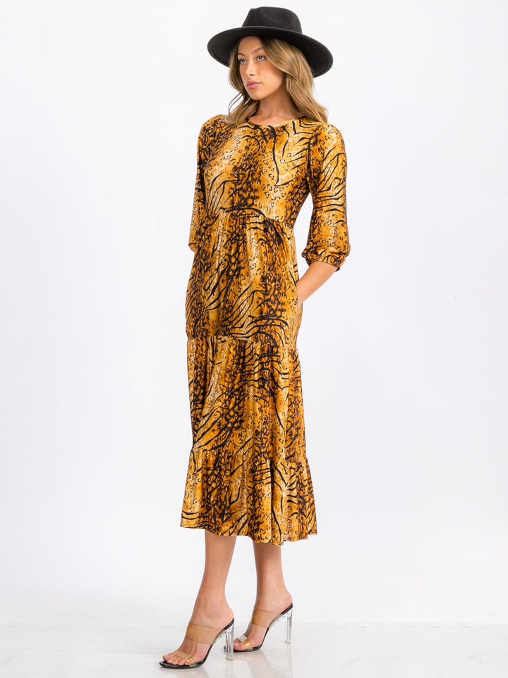 WOMEN'S 3/4 SLEEVE FRONT POCKETS MULTI PRINT TIERED MIDI DRESS