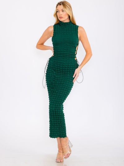 WOMEN'S SLEEVELESS MOCK NECK SIDE OPEN DETAILED BODYCON MAXI DRESS