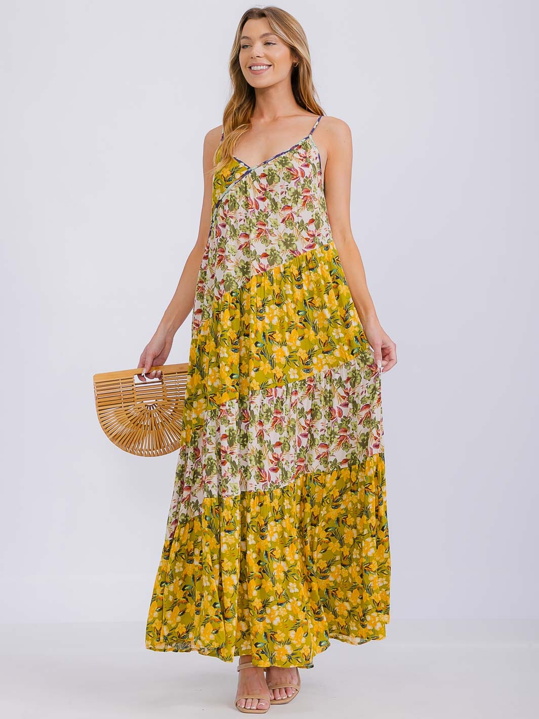 WOMEN'S SLEEVELESS V-NECK TIERED FLORAL MAXI DRESS