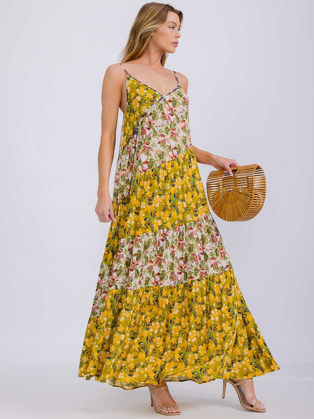 WOMEN'S SLEEVELESS V-NECK TIERED FLORAL MAXI DRESS