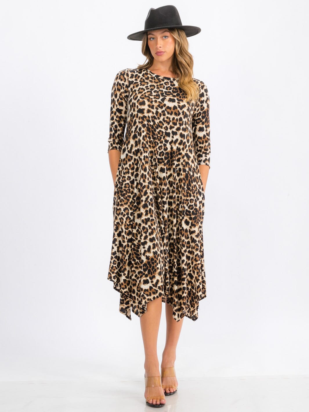 WOMEN'S 3/4 SLEEVE TUNIC FRONT POCKETS LEOPARD PRINT MIDI DRESS