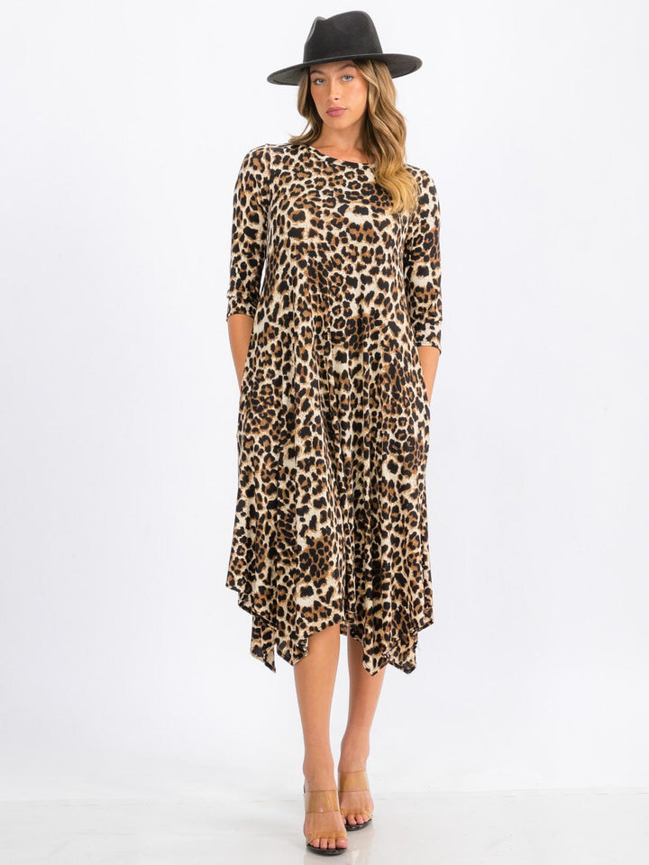 WOMEN'S 3/4 SLEEVE TUNIC FRONT POCKETS LEOPARD PRINT MIDI DRESS