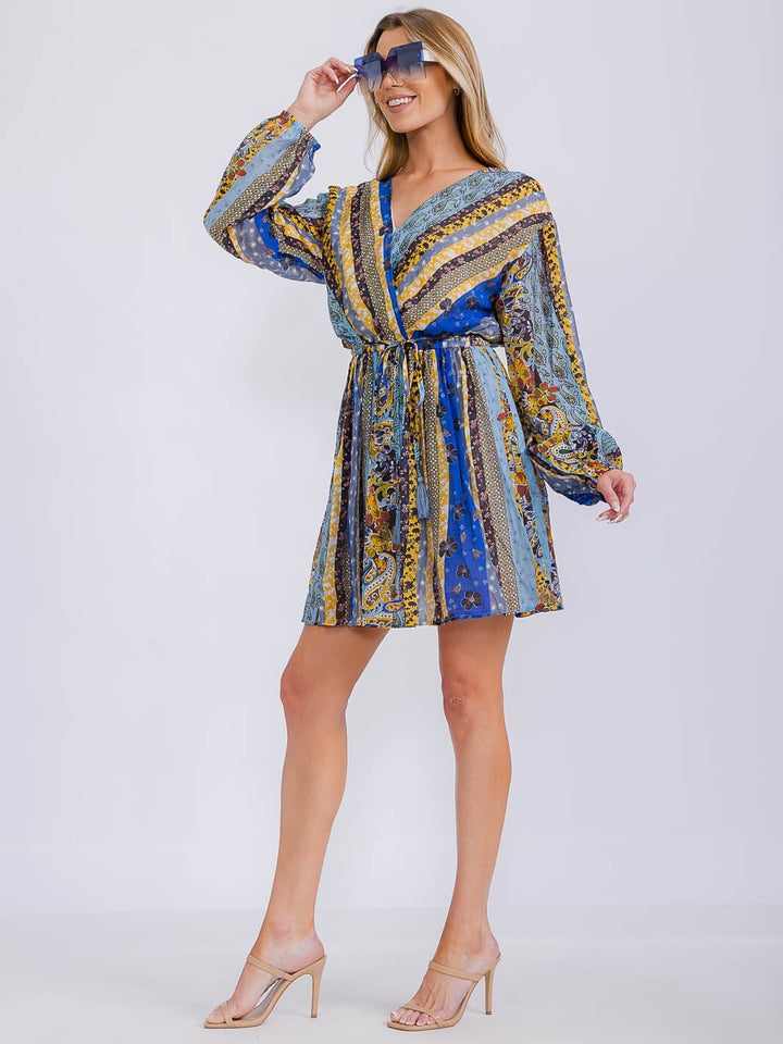 WOMEN'S LONG SLEEVE SURPLICE ELASTIC WAIST MULTI PRINT MINI DRESS
