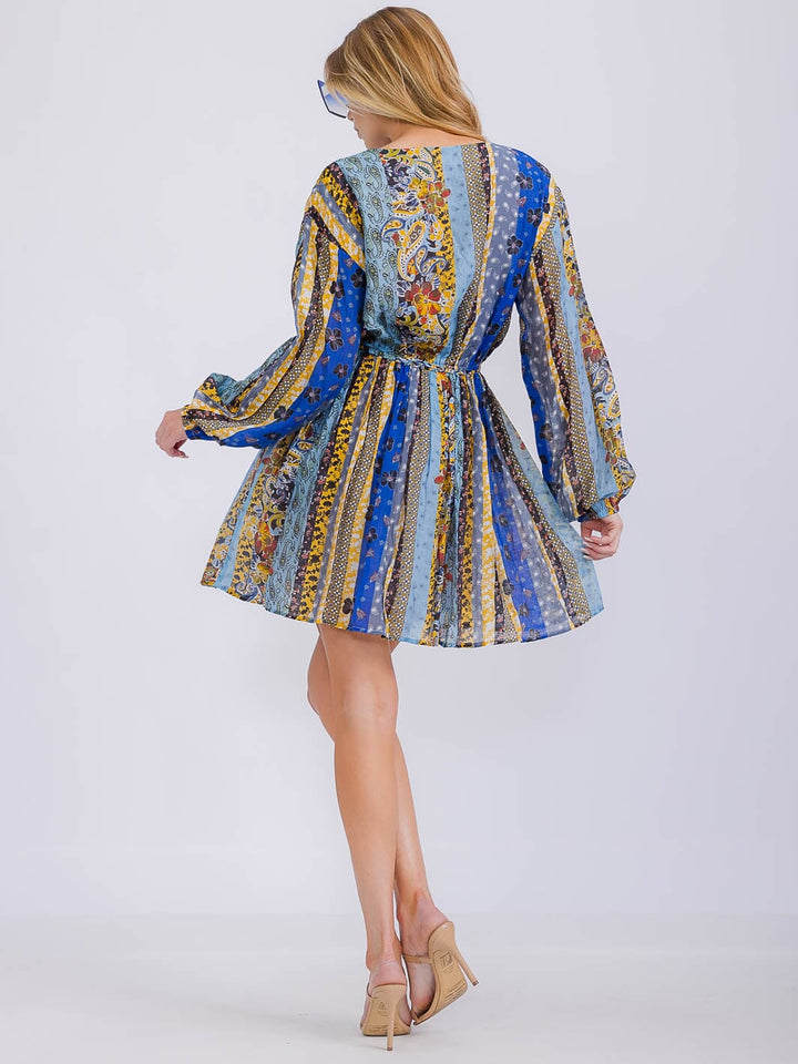 WOMEN'S LONG SLEEVE SURPLICE ELASTIC WAIST MULTI PRINT MINI DRESS